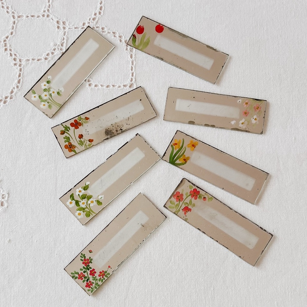 Vintage Mercury Glass Erasable Name Plates Place Card with Hand Painted Flowers